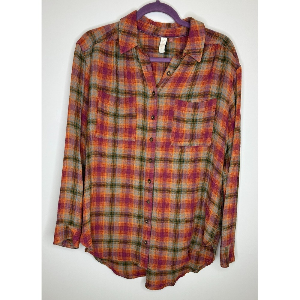 Pilcro Plaid Button Down Shirt Medium Long Sleeve Pockets Orange Purple Anthro - Picture 13 of 13